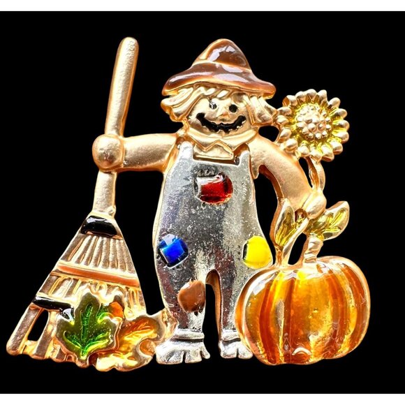 Scarecrow Brooch Pin New Fall Pumpkin Autumn Leaves Rake Sunflower Overa… - Picture 8 of 12